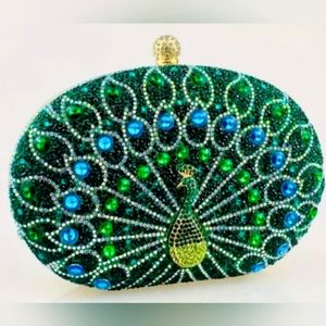 - Peacock Rhinestone Evening Bag, Luxury Beaded Clutch Purse with Gold Tri…